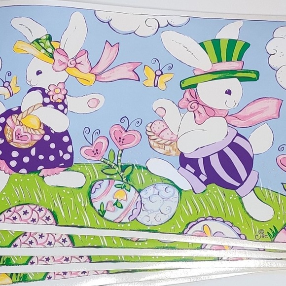 Retro Easter Pastel Bunny Vinyl Kitchen Table Placemats Mad Hatter Set - Picture 1 of 12